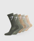 gymshark-crew-socks-5pk-vanilla-beige-chalk-green-troop-green-base-green-strength-green-ss24