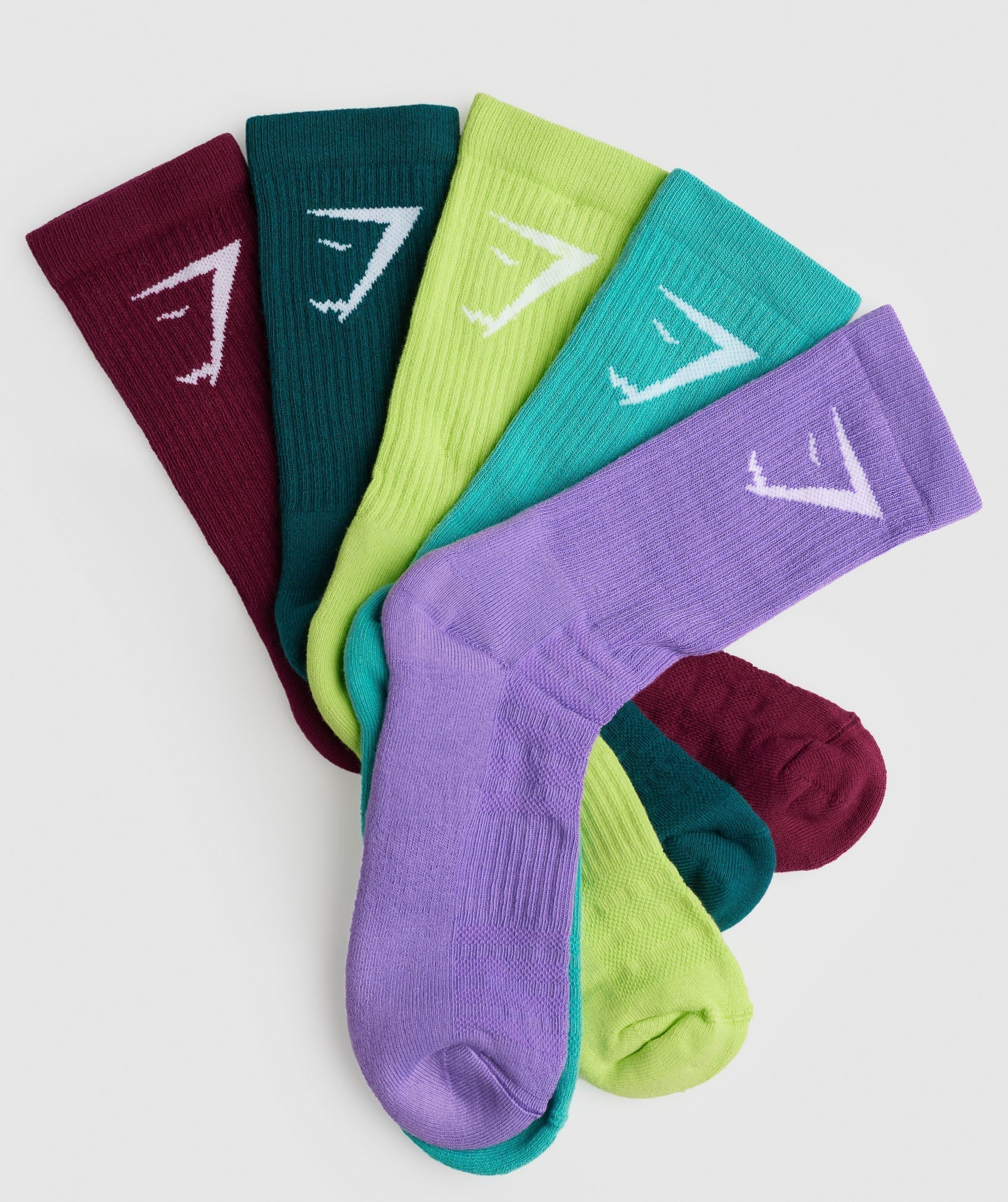 gymshark-crew-socks-5pk-plum-teal-green-capri-blue-grape