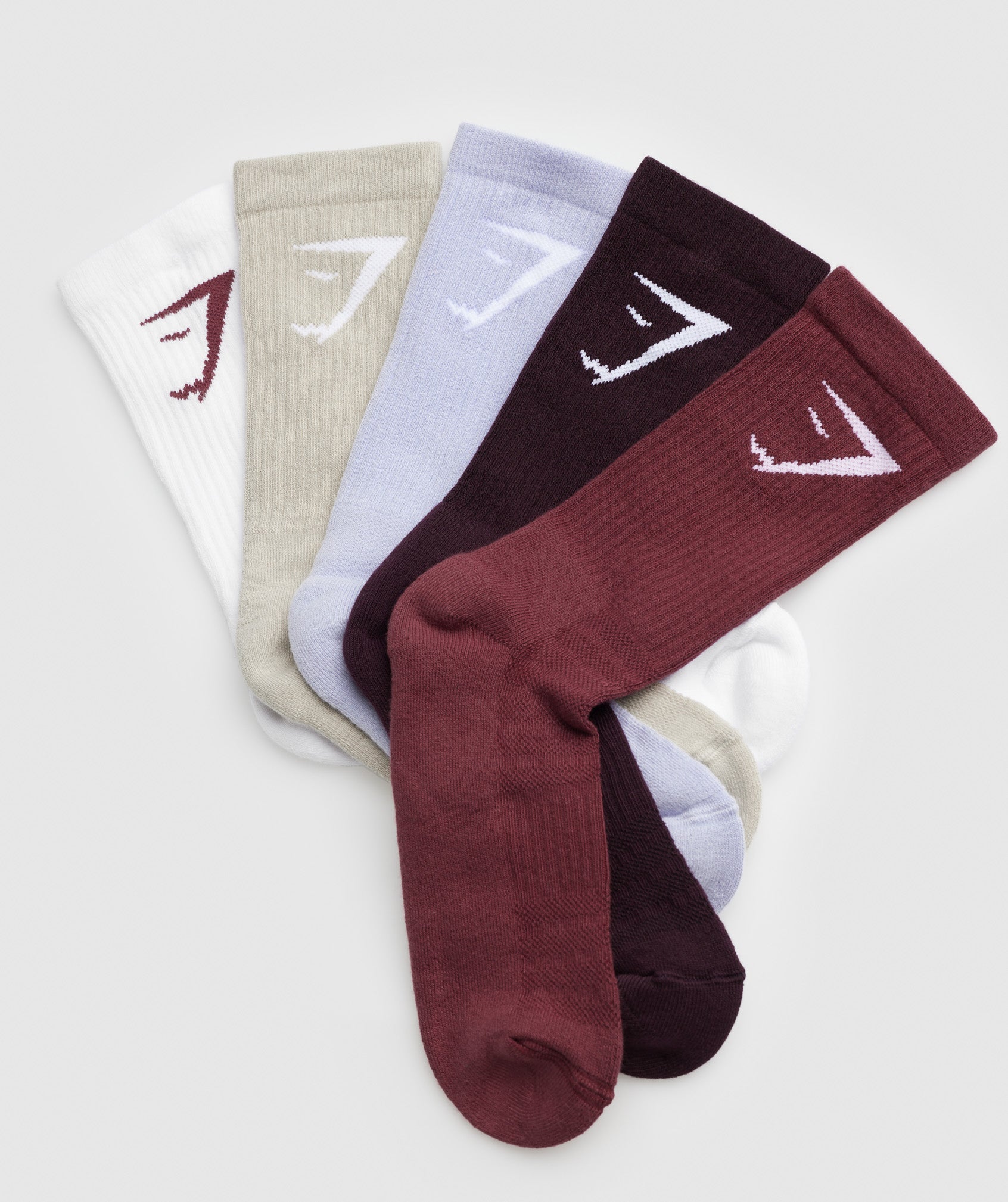 gymshark-crew-socks-5pk-brown-lilac-burgundy-plum-white-aw23