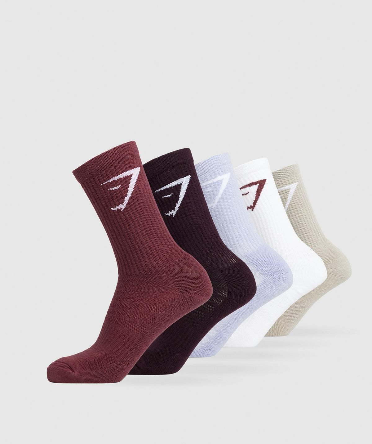 gymshark-crew-socks-5pk-brown-lilac-burgundy-plum-white-aw23